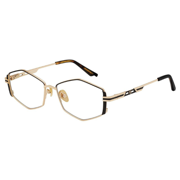 Gold and black eyeglasses on a white background